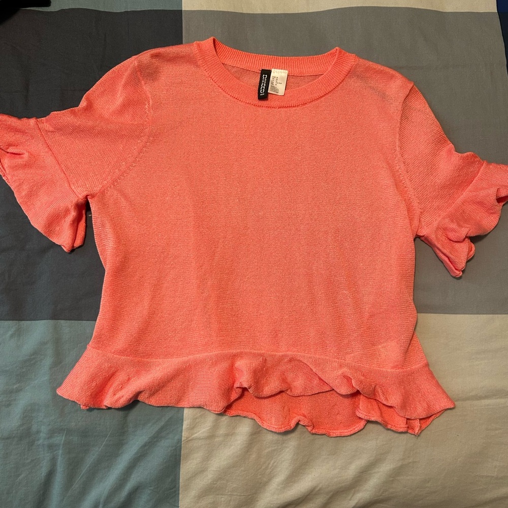 H&M Vibrant Coral Knit Ruffle Hem Top